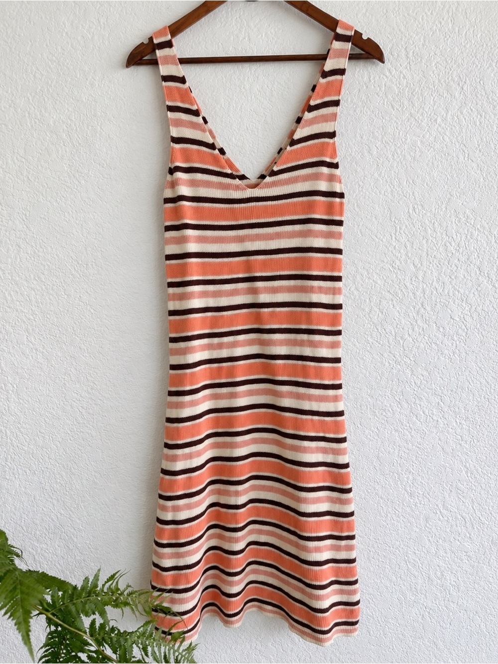 Rip Curl Striped Knit V-Neck Midi Dress in Coral, Cream, Brown Y2K Surf Size L